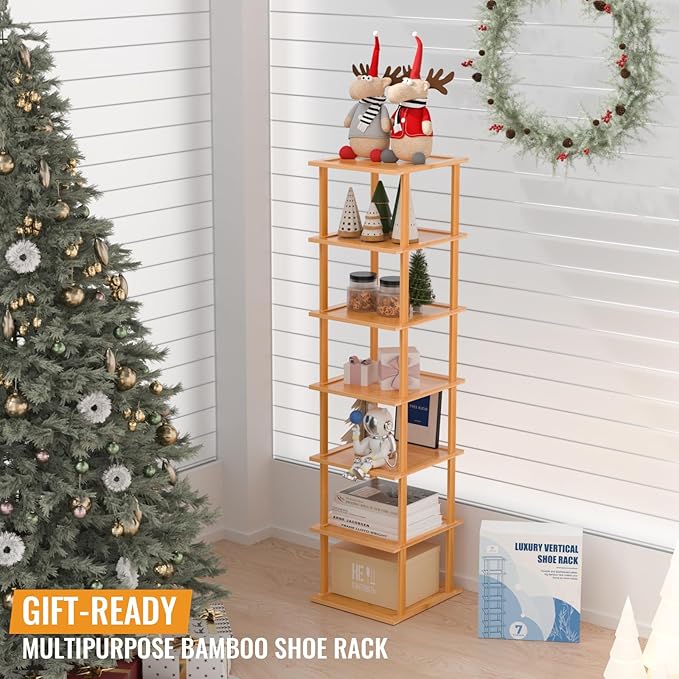 Bamboo Free Standing Shoe Rack Shelf Multi Tier Tall Wooden Stackable Shoes Rack Organizer for Closet Front Door Entrance Narrow Vertical Shoe Storage Rack for Corner Stand (Nature, 7 Tiers)