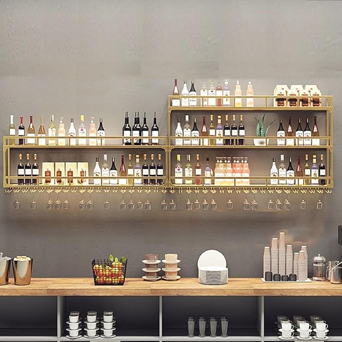 59in Wall Mounted Wine Rack, Wine Rack Wall Mounted With Wine Glass Rack, Metal Bar Bottle Display Shelf Wine Cups Hanging Holder, For Home Bar Cafe Dining Room Decoration (GOLD, 59*10*35.5IN)