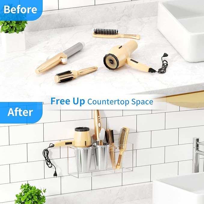NIUBEE Hair Dryer Holder, Hair Tool Organizer Wall Mount, Blow Dryer Holder Cabinet Door, Bathroom Styling and Hot Tools Organizer for Flat Irons, Curling Irons (Clear)