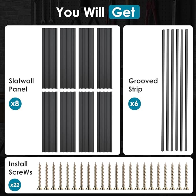 PVC Slat Wall Paneling 4x8 ft, Garage Organizer Storage System, Black Slatwall Panels for Garage Organization Product, Heavy Duty Wall Mounted Tool Storage for Home