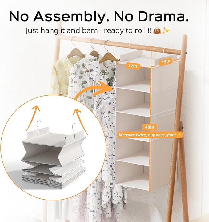 Extra Deep Hanging Closet Organizers and Storage, 5-Tier Closet Hanging Organizer with 4 Mesh Pockets, Heavy-Duty Closet Shelves for Clothes and Hats, Ideal for Dorms and RVs, 1-Pack, White