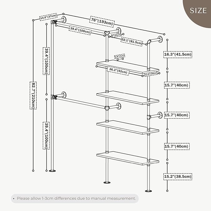 Industrial Pipe Clothing Rack, Wall Mounted Garment Black Wall Hanging Clothing Rack, Heavy Duty Clothes Rack for Walk in Closet Storage, Laundry Room, 14.6x76x82.7 Inches, Model Y02