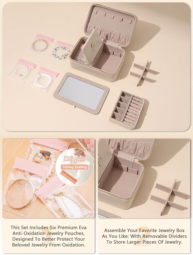 Velvet Travel Jewelry Box with Large Mirror, Double-Layer Jewelry Organizer Case for Women and Girls, Portable Storage Case with 6 Anti-Tarnish Bags Gift Ready for Her (Beige)