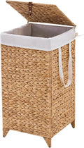 Laundry Hamper with Lid and Removable Liner Bag, Handwoven Natural Hyacinth Clothes Hamper with Heightened Feet, Wicker Laundry Basket for Clothes and Towels，Small