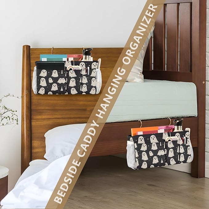 Cute Halloween Ghost Blacck Bedside Caddy for Dorm Bed Bedside Hanging Caddy Bag Iron Frame Storage Organizer Pocket for Bunk Home College Hospital Beds 2 Hooks