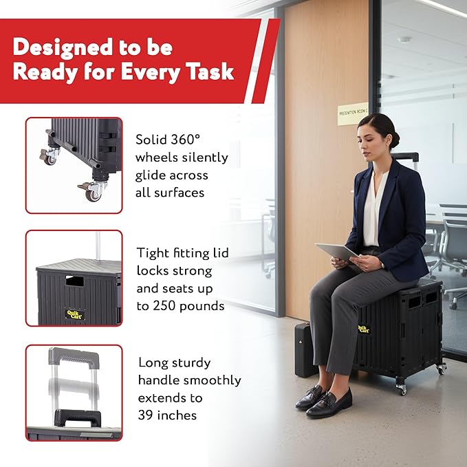 dbest products Quik Cart 360 Rolling Crate with Wheels - Collapsible Utility Cart for Teachers & Home - Heavy Duty Folding Cart with Seat - 80 lb Capacity - Black