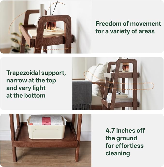 100% Solid Oak 3 Tier Ladder Shelf for Saving Space, Tall Nightstand with Stable Frame for Bedroom, Small Side Table for Living Room Office(Walnut, 13.4" L x 25.6" W x 36.2" H)