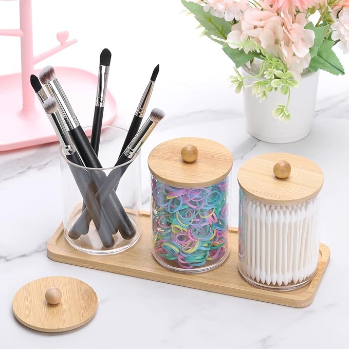 Tbestmax 10 Oz Cotton Swab/Ball/Pad Holder with Vanity Tray, Qtip Apothecary Jar, Clear Bathroom Containers Dispenser for Storage 3 Pack Wood Lids