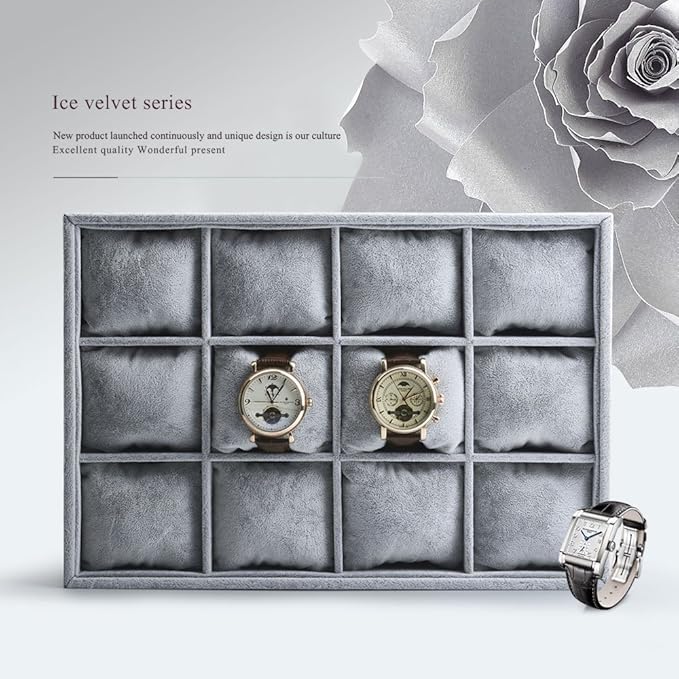 Oirlv Premium Velvet 12 Grid Jewelry Organizer Tray with Removable Pillow Watch Organizer Jewelry Tray Bracelet Bangle Watch Display Holder