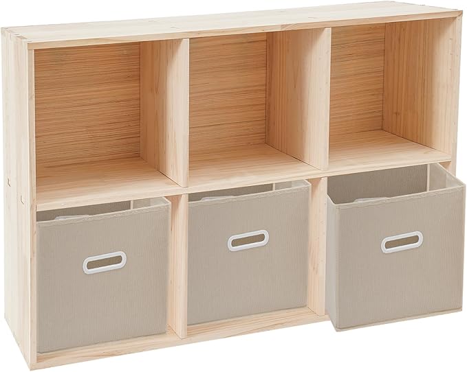 Wooden Cube Shelf Bookcase,Solid Wood Shelves with 6 Compartments and 3 Fabric Baskets,Open Bookcase Cube Shelf Storage Organizer for Bedroom, Living Room, Office, Study Room