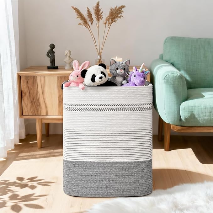 Laundry Hamper, 85L Tall Laundry Basket with Leather Handles, Rectangle Large Clothes Hamper for Organizing, Cotton Woven Laundry Baskets Storage Hampers for Bedroom, Nursery, Living Room