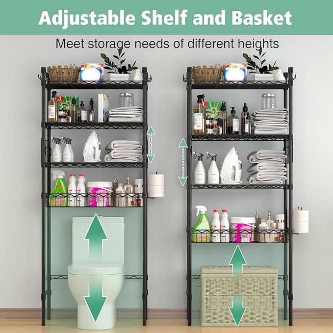 PrimeZone Over The Toilet Storage Shelf - 4 Tier Adjustable Metal Bathroom Wire Shelves Organizer with 2 Hooks, Freestanding Above Toilet Storage Rack for Bathroom Laundry, Black