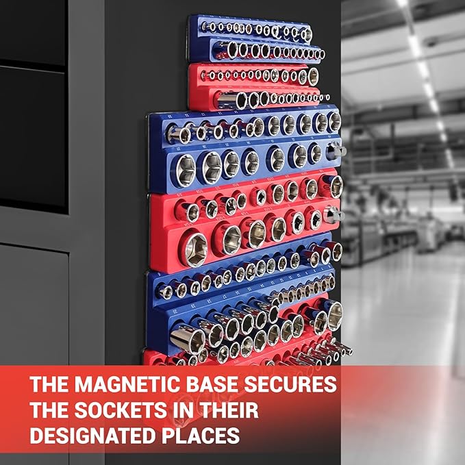 6-Piece Magnetic Socket Organizer Set, Magnetic Socket Holder Includes 1/4", 3/8", 1/2" Drive Metric SAE Socket Trays,Holds Standard and Deep Sockets (6-Piece Magnetic Socket Organizer)