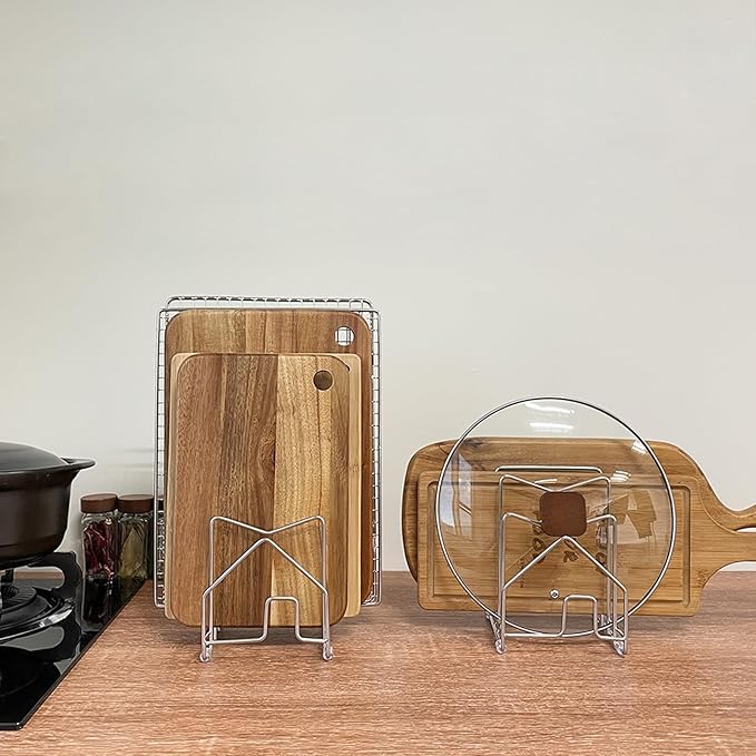 Pot Lid Organizer Cutting Board Holder Inside Cabinet 304 Stainless Steel Pots and Pan Organizer Under Cabinet Pot Cover Cookie Sheet Bakeware Serving Tray Cooling Rack Stand Kitchen Countertop