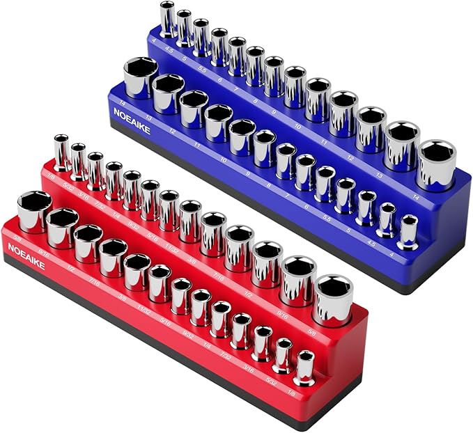 1/4 Inch Magnetic Socket Organizer,2-Pack Metric &SAE Sockets Holder Set 1/4" Drive Socket Trays,Holds 52 Pcs Standard and Deep Size Sockets(Socket not Included)