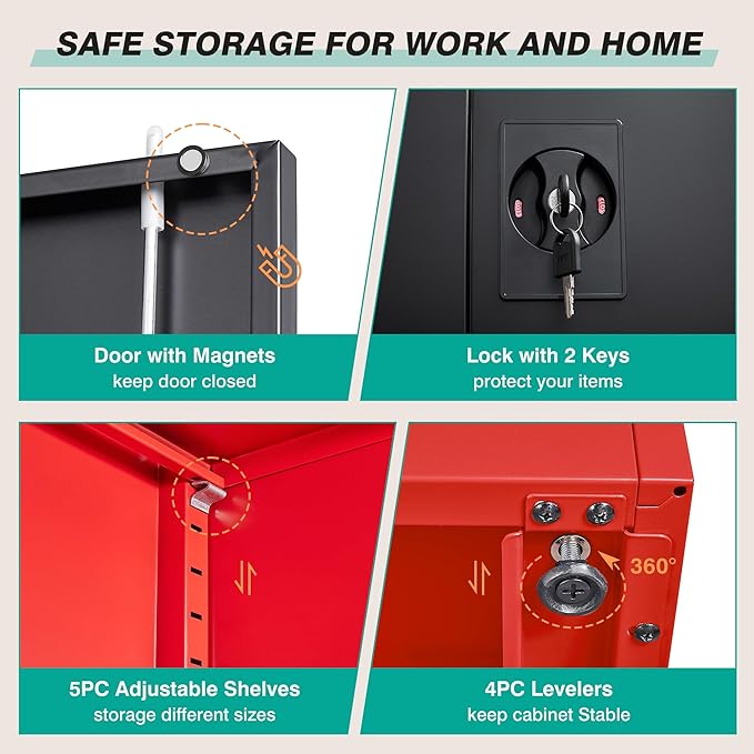 SISESOL Red Metal Storage Cabinet with Locking Doors and Shelves,Garage Storage Cabinet with Lock,Steel Locker,Lockable Cabinets for Home,Office,Shop,Garage Cabinets