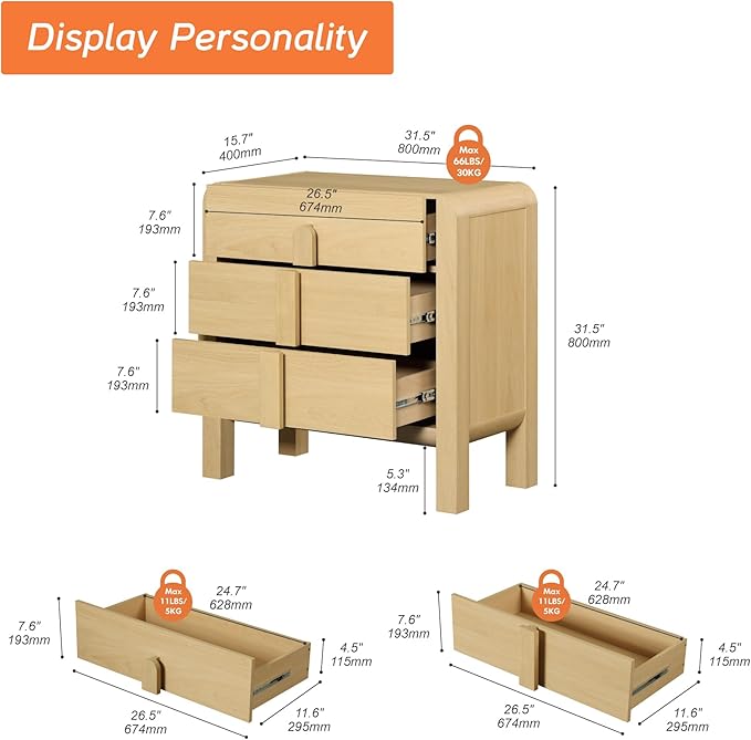 WAMPAT 3 Drawer Dresser for Bedroom,31.5" Wide Mid Century Modern Wide Chest of Drawer, Wood Tall Nightstand with Curved Edge Handles, Closet Dresser TV Stand for Bedroom, Oak