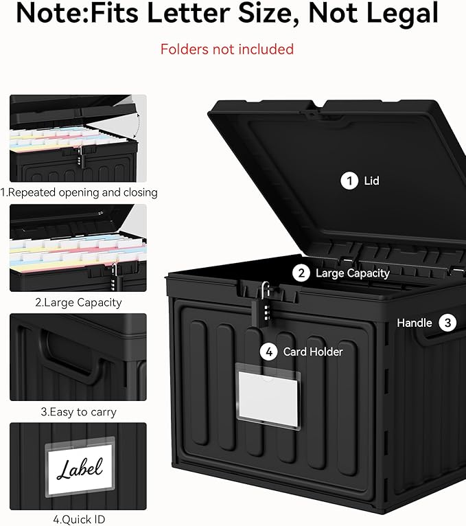 Oterri Plastic File Box with Lid for Letter Size File Folders, Hanging File Folder Box Collapsible File Organizer, File Cabinet Document Organization Home, Office (Black, Large-2 Pack Without Folders)