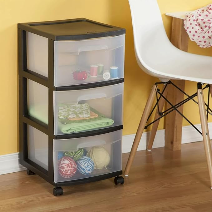 3 Drawer Rolling Plastic Storage Cart with Large Durable Clear Drawers and Removable Wheels, Suitable for Bedroom, Dormitory, Closet, Kitchen and Office (BLACK)