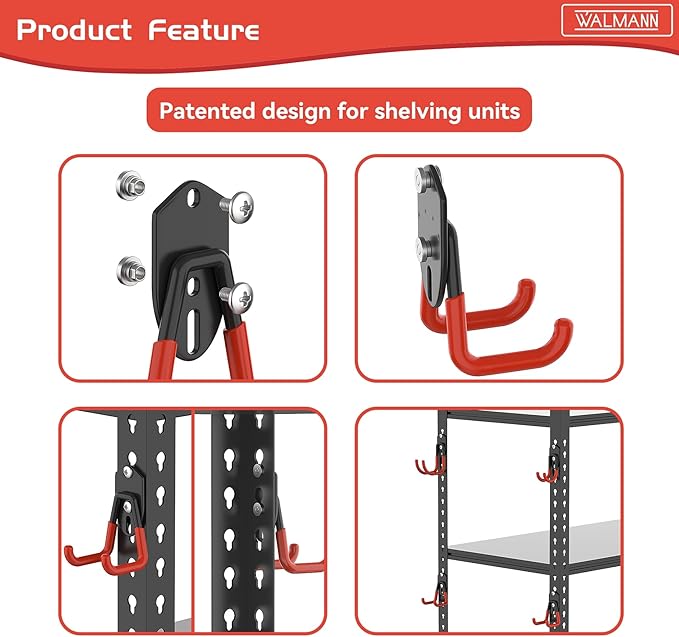 WALMANN 12 PCS Garage Storage Hooks, Wall Mount Utility Hooks for Tools, Ladders, Cords, Folding Chairs, Shovels and Rakes, Shelving Hooks for Keyhole Shelving Units