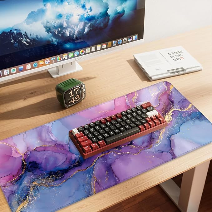 Purple Marble Ink Mouse Pad – Large Extended Desk Mat 35.43 x 15.75 in – Alcohol Ink Watercolor with Gold Vein Design, Non-Slip Base, Waterproof Surface, Aesthetic Keyboard & Mouse Pad