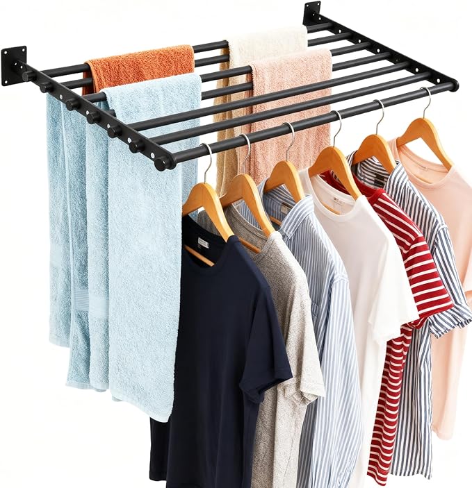 Wall Mounted Drying Rack, 43 Inches Wall Laundry Drying Rack Collapsible Indoor Clothes Drying Rack for Hanging Clothes