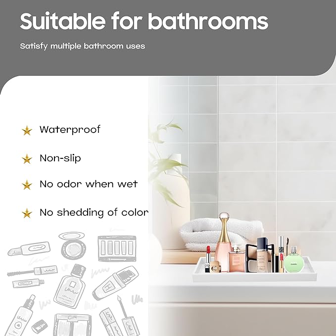 Vanity and Bathroom Tray, 11.8" ABS Countertop Organizer,Waterproof Vanity Tray for Toilet Tank,Perfume,Soap,Keys,Bathroom Accessories,Kitchen and Bath Trays,Non Slip Small Trays,White