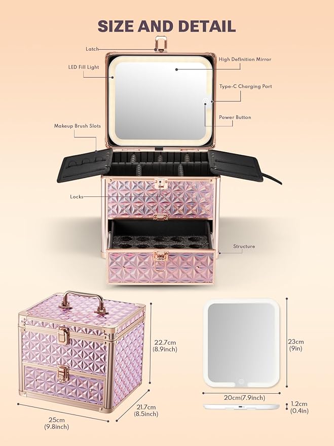 Qislee Makeup Box with Drawer and A Detachable Lighted Mirror, Waterproof Travel Train Case, Cosmetic Organizer and Makeup Suitcase with Adjustable Dividers, Magnetic LED Mirror (Sparkling Pink)