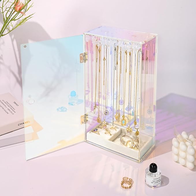 Cirhy Iridescent Necklace Holder Organizer for Women & Girls, Rotating Acrylic Jewelry Display Stand with Velvet Tray, Dustproof Necklace Organizer Box, Great Gift for Her