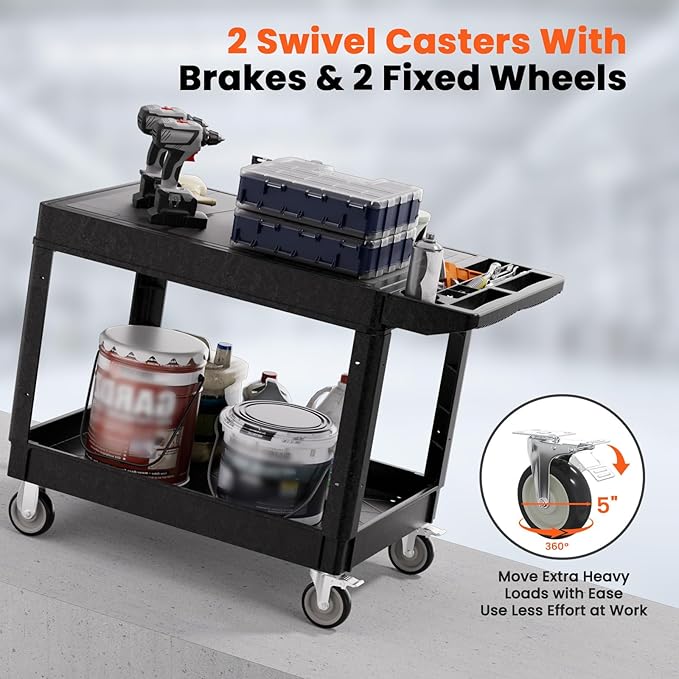 2 Tier Plastic Rolling Utility Cart on Wheels, Heavy Duty Tool Cart with Deep Shelves and 360° Swivel Wheels Holds up to 550 lbs, Service Cart for Garage, Warehouse, Cleaning (Black-L-Flat Top)
