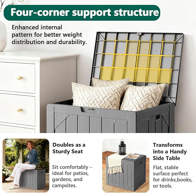 Outdoor Storage Box, 30 Gallon Deck Box Outdoor Storage Bench Outside Waterproof Resin Storage Bench, Lockable Patio Cushions, Garden Tools Storage For Furniture, UV Resistant(Gray)