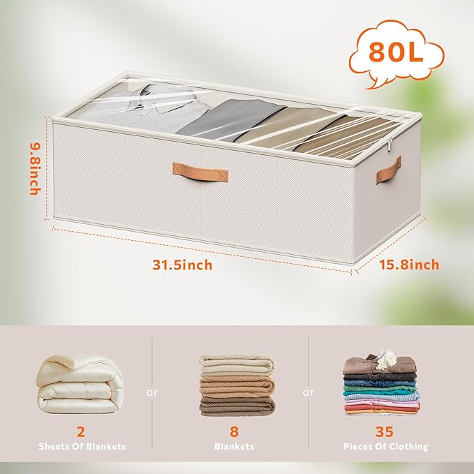 10 Inch 2 Pack Under Bed Storage Containers, 10 Inch Tall Underbed Clothes Storage Organizer Bin with Clear Window，Foldable Box Basket for Clothes, Closet, Bed Sheets and Blankets White