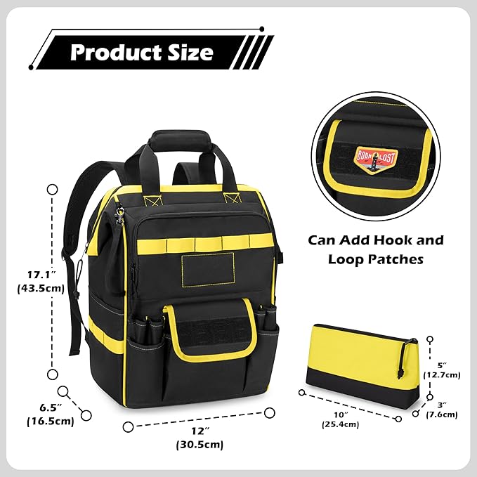 Tool Bag Backpack with Zipper Pouch and Magnetic Attraction Area, Heavy-Duty Tool Storage Organizer Bag, Tactical Work Tool Bag for Electrician, Repairman, HVAC Techs, Black