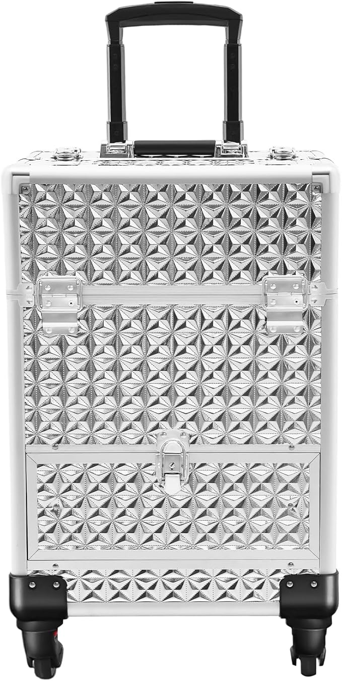 Rolling Makeup Train Case with Drawers, Portable Rolling Makeup Cart with Wheels, Silver Cosmetology Storage Cart with 6 Compartments for Makeup Artists, Hairdressers, Pet Groomers