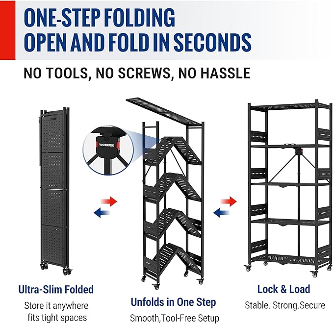 WORKPRO 5-Tier Folding Shelf, No-Assembly Metal Storage Rack with Wheels, 750 lbs Capacity (Without Wheels), Collapsible Shelving Unit for Kitchen, Pantry, Bathroom & Closet Organization
