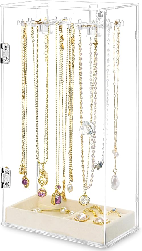 Cirhy Necklace Holder, Acrylic Necklace Organizer with 24 Rotating Hooks, Dust-Proof Jewelry Display Case for Necklaces, Pendants, Earrings, Rings, Enclosed Clear Storage Stand with Velvet Lined Tray