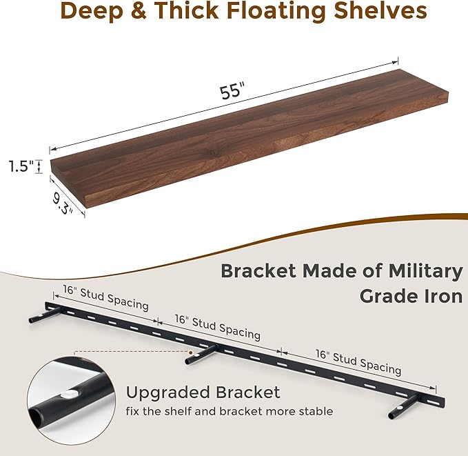 Fun Memories 55Inch Floating Shelves for Wall 1 Pack Shelves for Bedroom|Kitchen|Bathroom Wall Mounted Rustic Wood Floating Shelf with Invisible Brackets for Books|Storage|Decor, Walnut