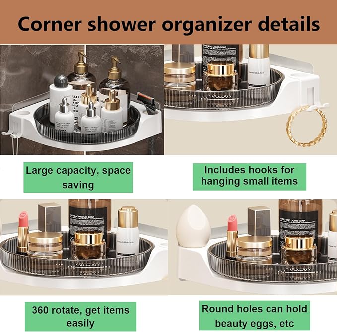 360 Rotating Makeup Organizer Spinning Bathroom Organizer 1 Pack Corner Storage Organizer with Hooks for Perfume Lotion Skincare Organizer Countertop Kitchen Storage(Clear)