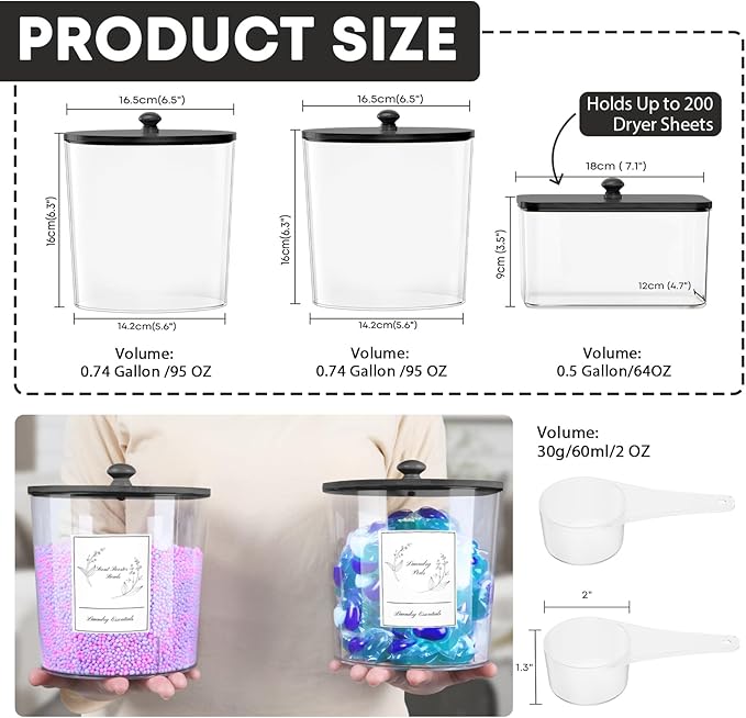 3 Pack Laundry Powder Container & Dryer Sheet Holder, Plastic Laundry Room Organization and Storage Jars with Lids, Labels & Scoops for Powder, Detergent, Scent Booster (Black Lid)