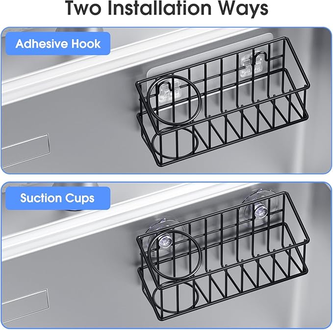Kitchen Sink Organizer, Strong Adhesive Mount Detachable Sponge Holder for Kitchen & Bathroom Sink with Extra Suction Cups, Holds Sponges, Dish Brushes, Scrubbing Pads