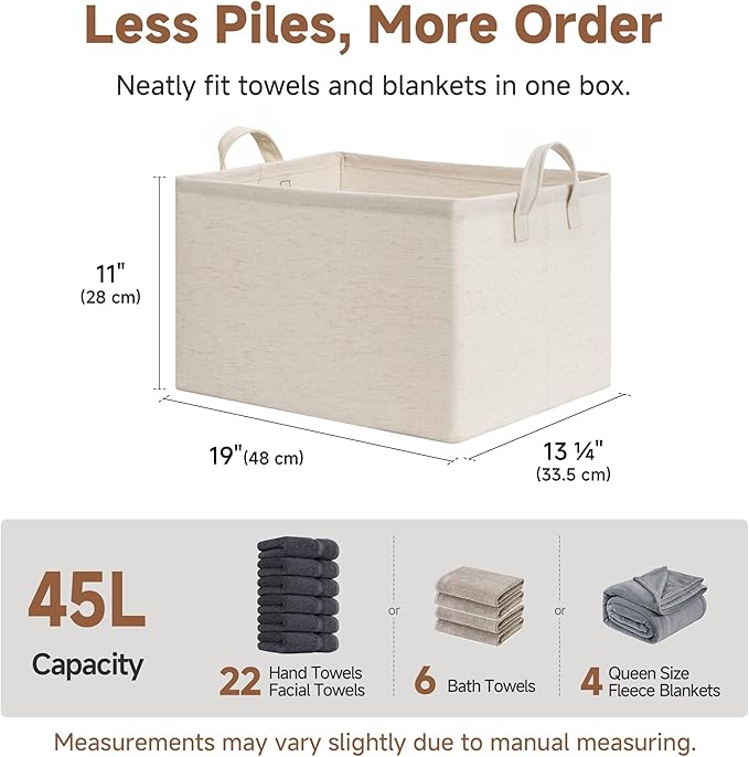 StorageWorks Storage Bins, Shelves Baskets for Organizing, 45L Extra Large Fabric Closet Organizers with Handles, Metal Frame, Beige（Cotton-linen）, 2-Pack
