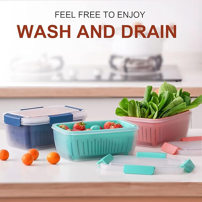 68oz Berry Keeper Fruit Storage Container for Fridge, Fresh Food Produce Saver Containers with Removable Drain Colanders, Vegetable Lettuce Keeper Bowl, Refrigerator Organizer, PRESS TO OPEN CLOSE LID