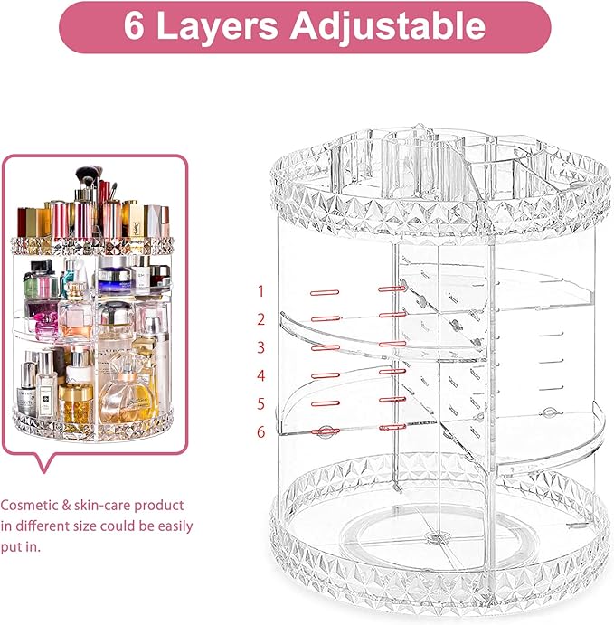 V-HANVER Makeup Organizer Combo - 360° Rotating Makeup Organizer with 7 Adjustable Layers Acrylic Skincare Organizer Large Cosmetic Display Case Clear Perfume Organizer with Makeup Lipstick Holder