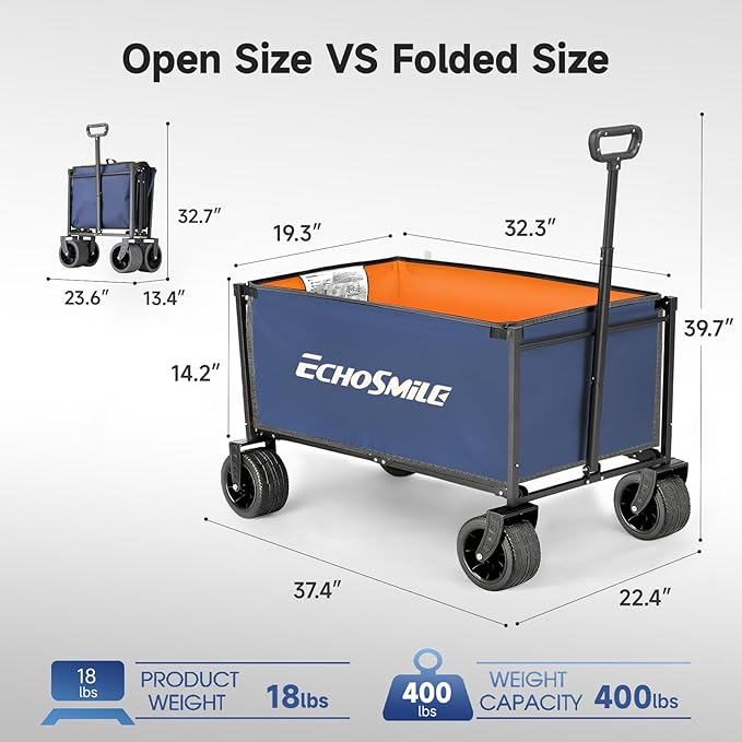 EchoSmile Collapsible Wagon Cart for Camping & Beach - Heavy Duty 400lbs Capacity All-Terrain Cart with Wide Wheels, Portable Folding Utility Wagon for Grocery, Garden, Sports,Blue&Orange
