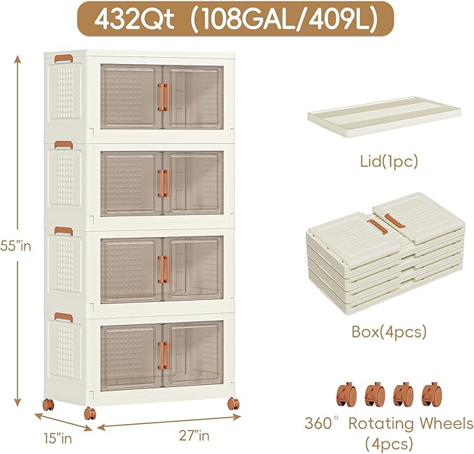 JEKO&JEKO 756 Qt Plastic Storage Bins with Lids, Doors & Wheels, 7 Pack Extra Large Stackable Collapsible Storage Cabinets and Closet Organizers for Home Office, Cream