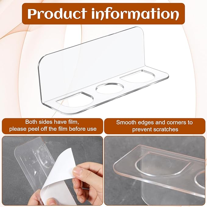 2pcs Acrylic Hair Brush Holder for Bathroom Adhesive Hair Tool Organizer Transparent Wall Mounted Comb Holder Organizer with 3 Holes No Drilling for Combs, Curling Irons, Flat Irons