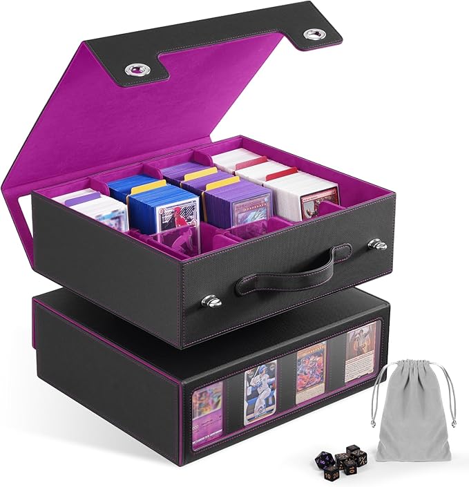ZLCA MTG Storage Box 4-Row with Handle, MTG Deck Box Holds 3000+ Trading Cards with Portable Handle Dice Tray, Commander Storage Card Case for Toploader TCG PTCG Sport Card(Black&Purple)