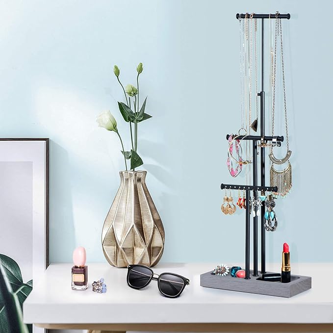 Love-KANKEI Jewelry Organizer Stand Metal & Wood Base and Large Storage Necklaces Bracelets Earrings Holder Organizer Gift Black and Weathered Grey