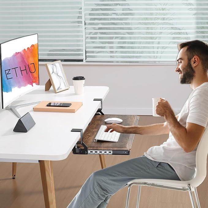 ETHU Keyboard Tray Under Desk, 19.7" X 12.2" Small Size C Clamp Keyboard Drawer Under Desk, Computer Keyboard Stand Slide Pull Out, Ergonomic Keyboard Tray for Home, Office (Wood)