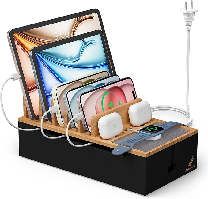 Pezin & Hulin Cable Management Box, Docking Station for Multi Devices, with 5 Ports Charge Adapter and 6 Cables, Wire Organizer for Cords, Box to Hide Cords and Storage Power Strip -Natural + Black